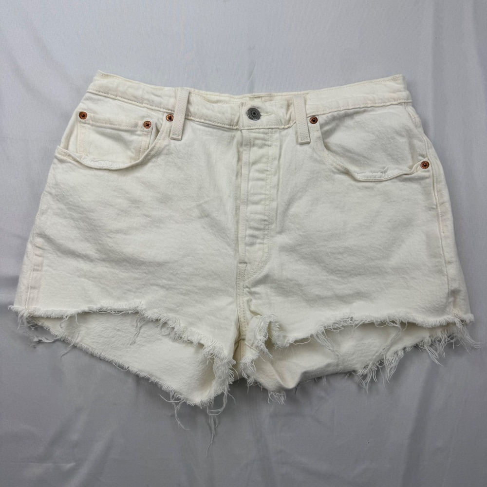 Levi's 501 Original Cut Off Shorts Women 32 White High Rise Button Fly Denim
